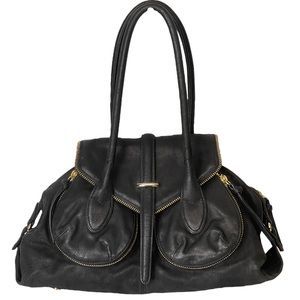 Botkier Black Leather Gold Hardware Zipper Accent Satchel Shoulder Bag